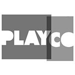 A gray and white logo of the playco company.